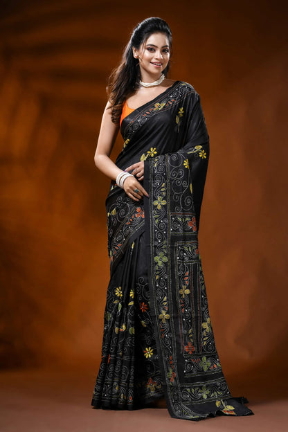Pitch black silk kantha saree with fish motif hand embroidery 6