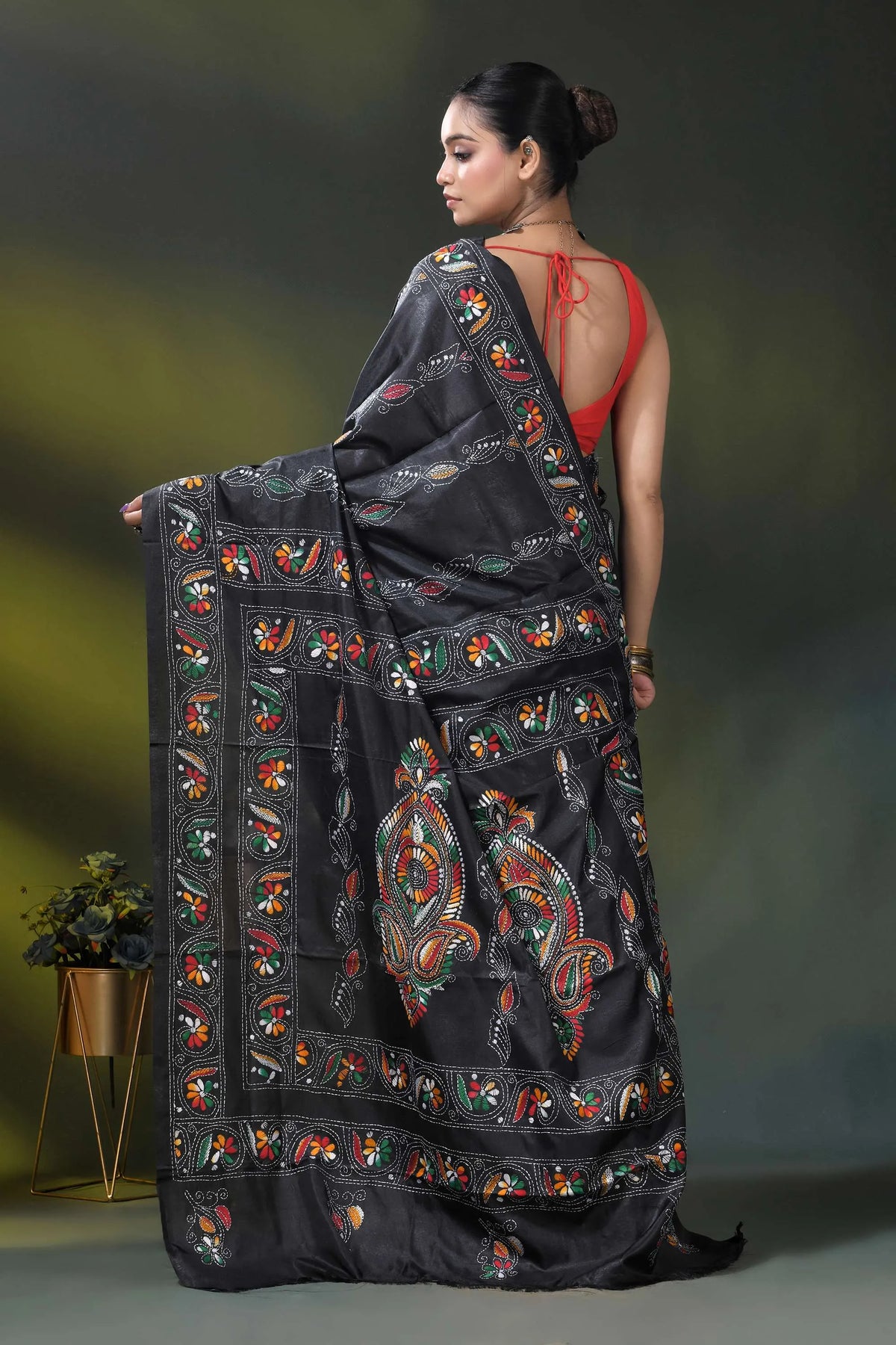 Pitch black silk kantha saree with multicolor floral nature motif 5