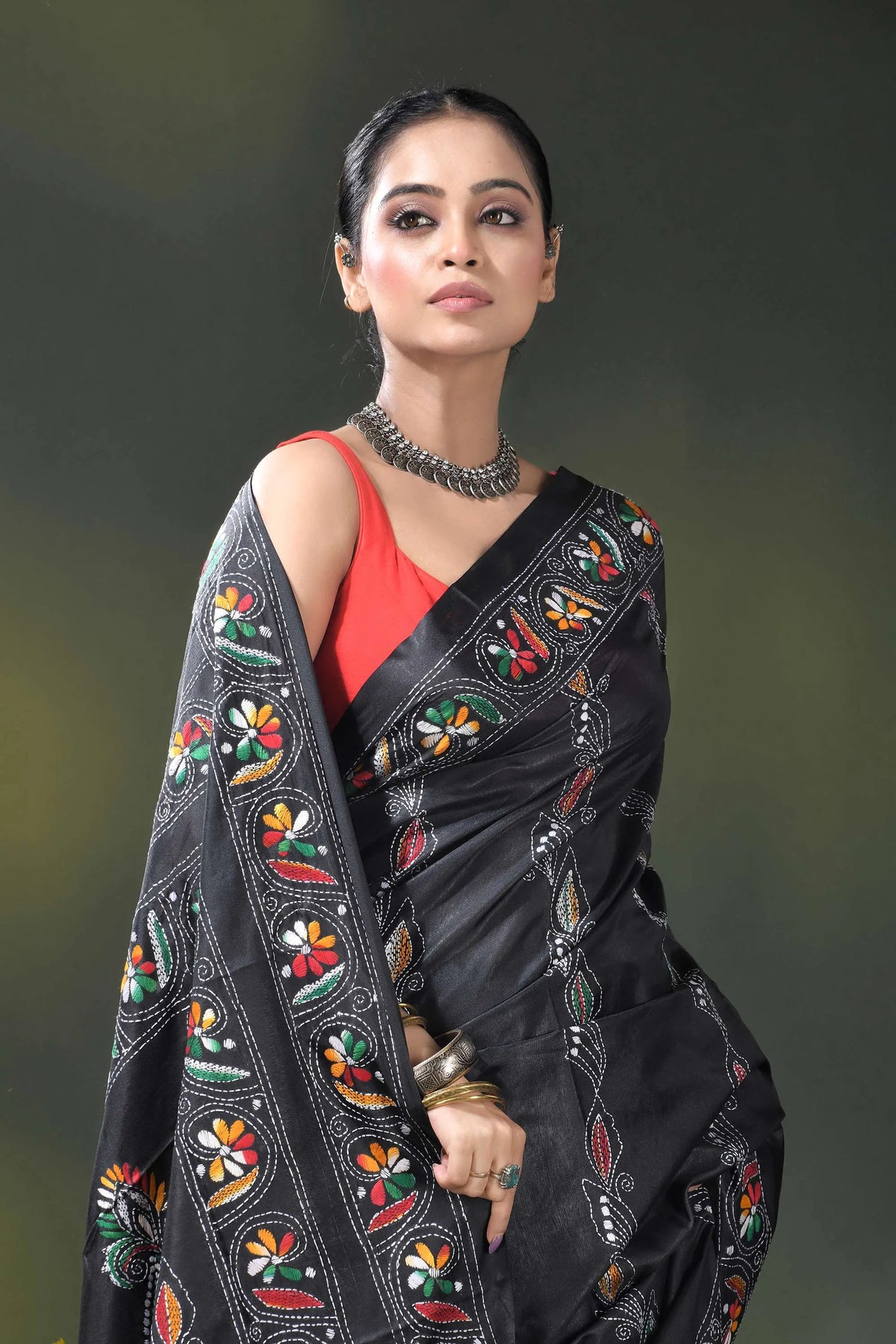 Pitch black silk kantha saree with multicolor floral nature motif 2