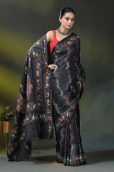 Pitch black silk kantha saree with multicolor floral nature motif 4