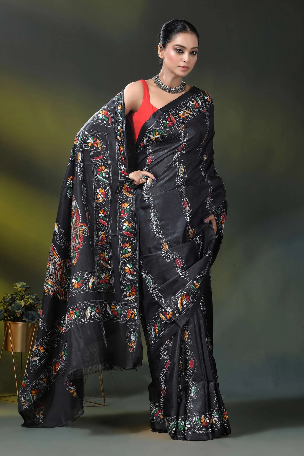 Pitch black silk kantha saree with multicolor floral nature motif 4