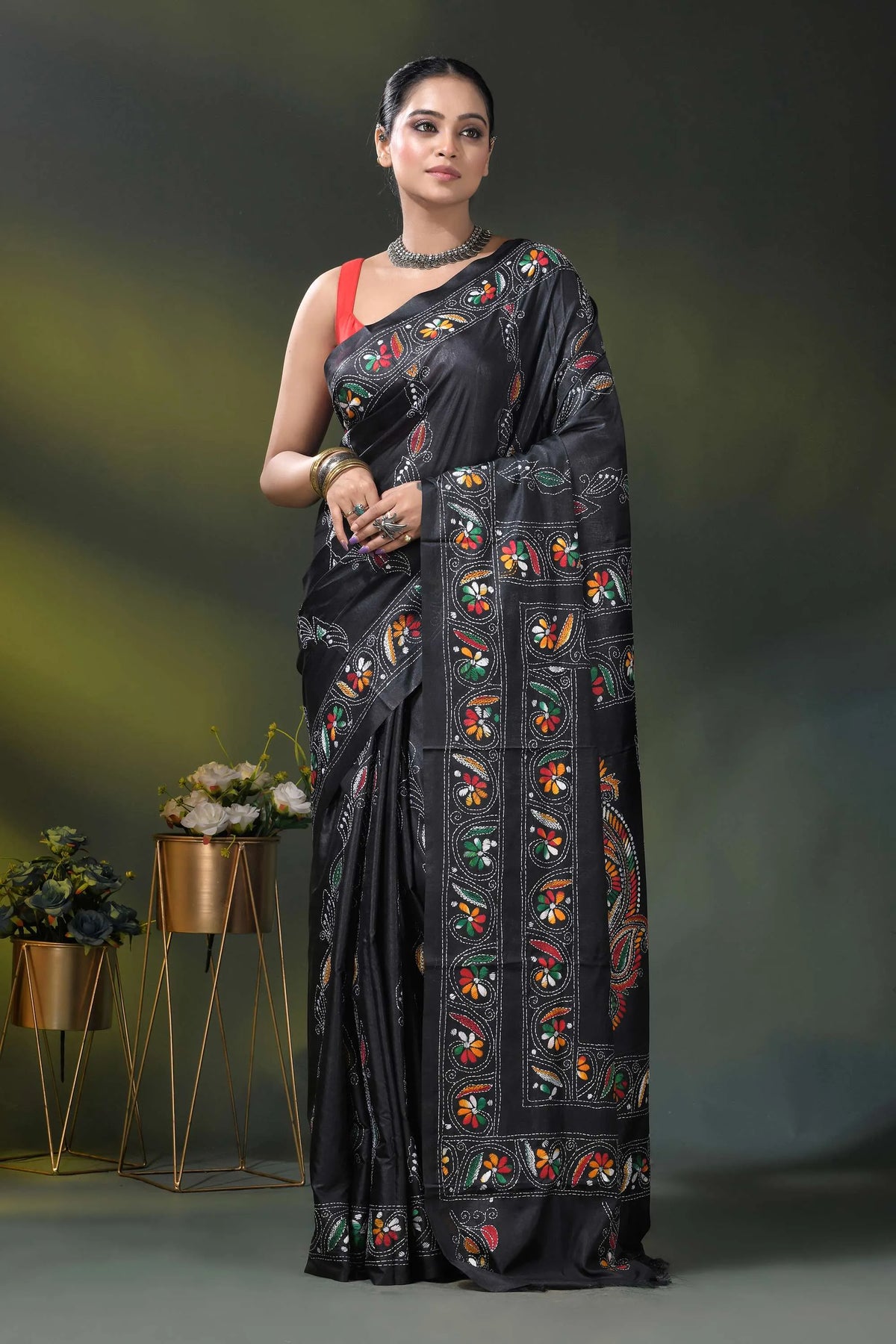 Pitch black silk kantha saree with multicolor floral nature motif 6