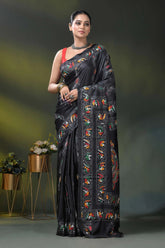 Pitch black silk kantha saree with multicolor floral nature motif 6