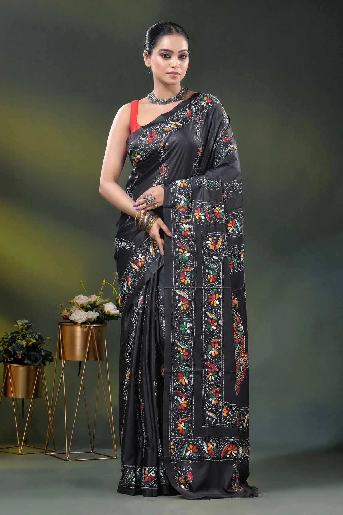 Pitch black silk kantha saree with multicolor floral nature motif 1