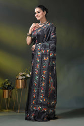 Pitch black silk kantha saree with multicolor floral nature motif 3