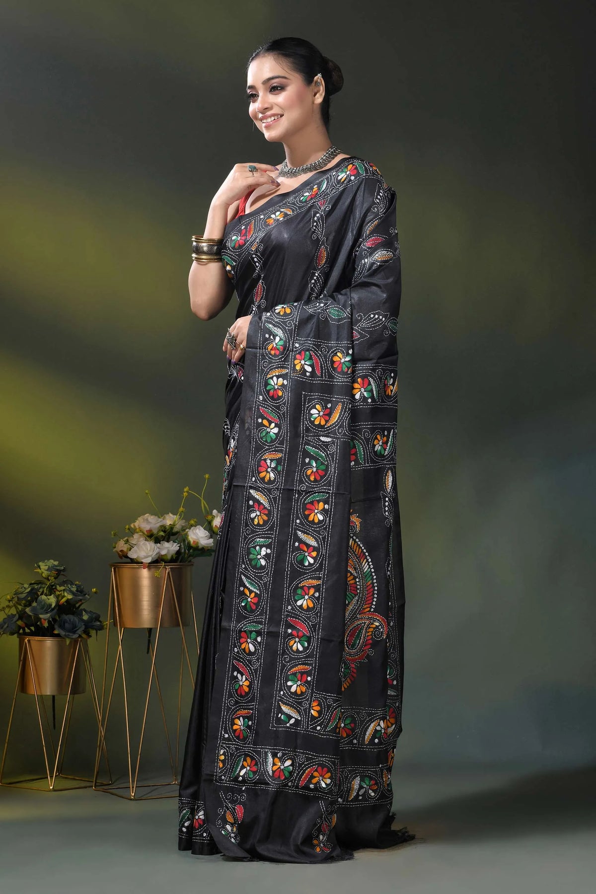 Pitch black silk kantha saree with multicolor floral nature motif 3