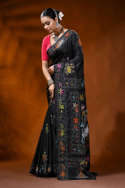 Pitch black silk kantha saree with multicolor swan lotus design 3