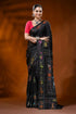 Pitch black silk kantha saree with multicolor swan lotus design 1