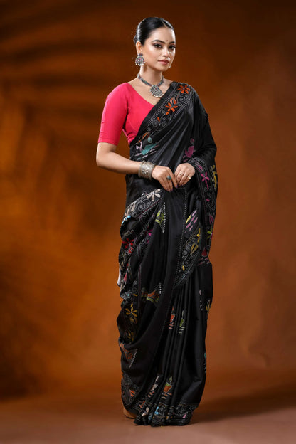 Pitch black silk kantha saree with multicolor swan lotus design 4