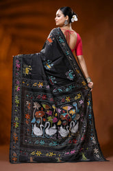 Pitch black silk kantha saree with multicolor swan lotus design 5