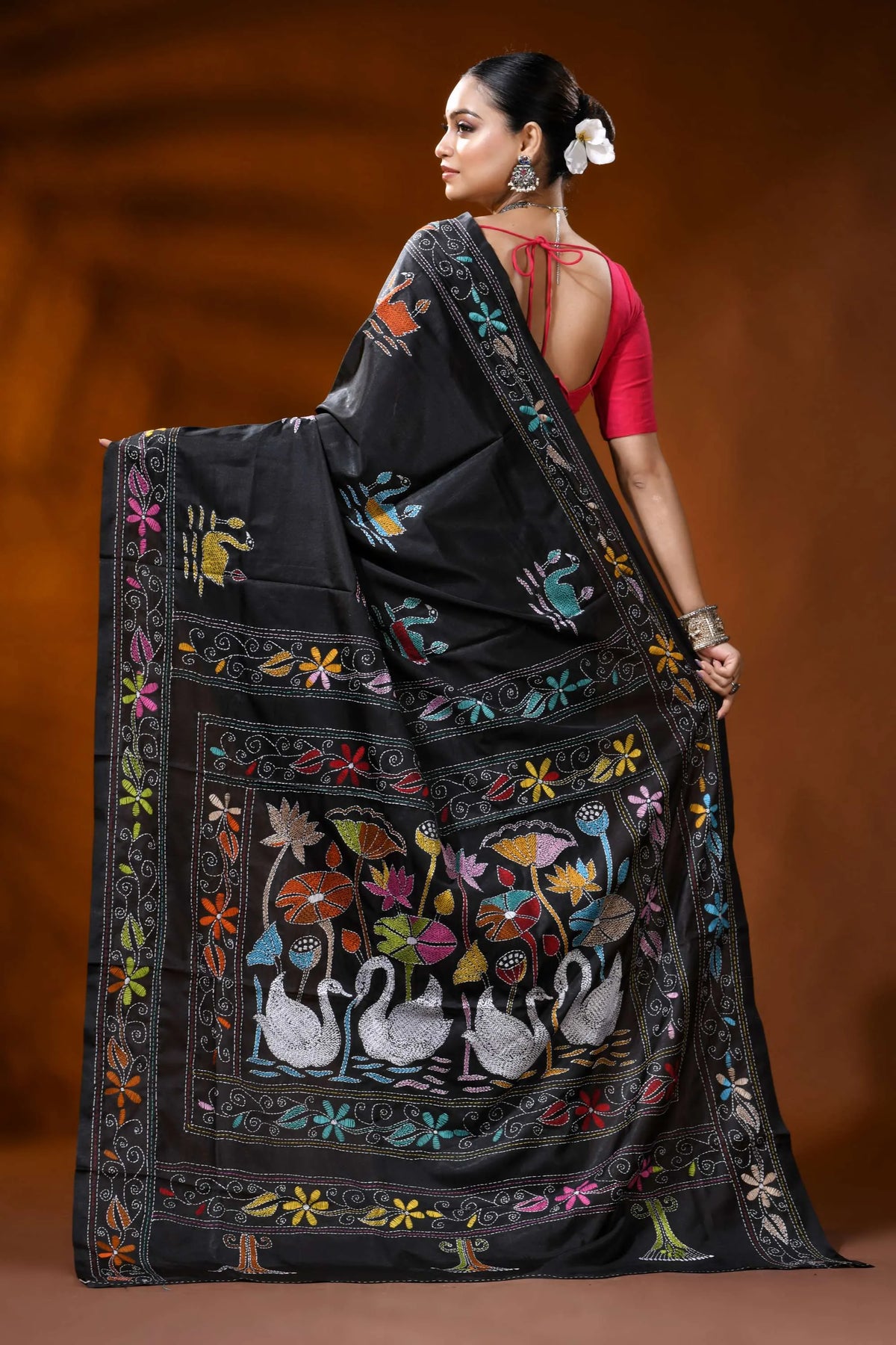 Pitch black silk kantha saree with multicolor swan lotus design 5