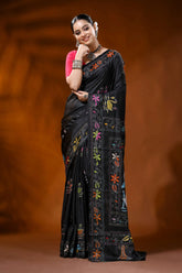 Pitch black silk kantha saree with multicolor swan lotus design 6