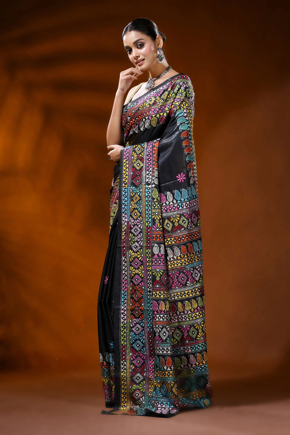 Pitch black silk kantha stitch saree with handmade geometric design 3