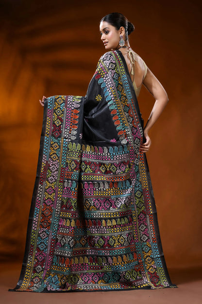 Pitch black silk kantha stitch saree with handmade geometric design 5
