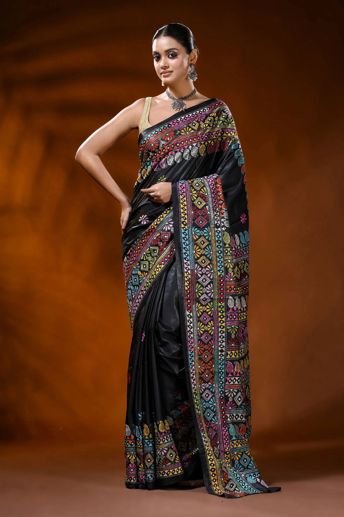 Pitch black silk kantha stitch saree with handmade geometric design 1