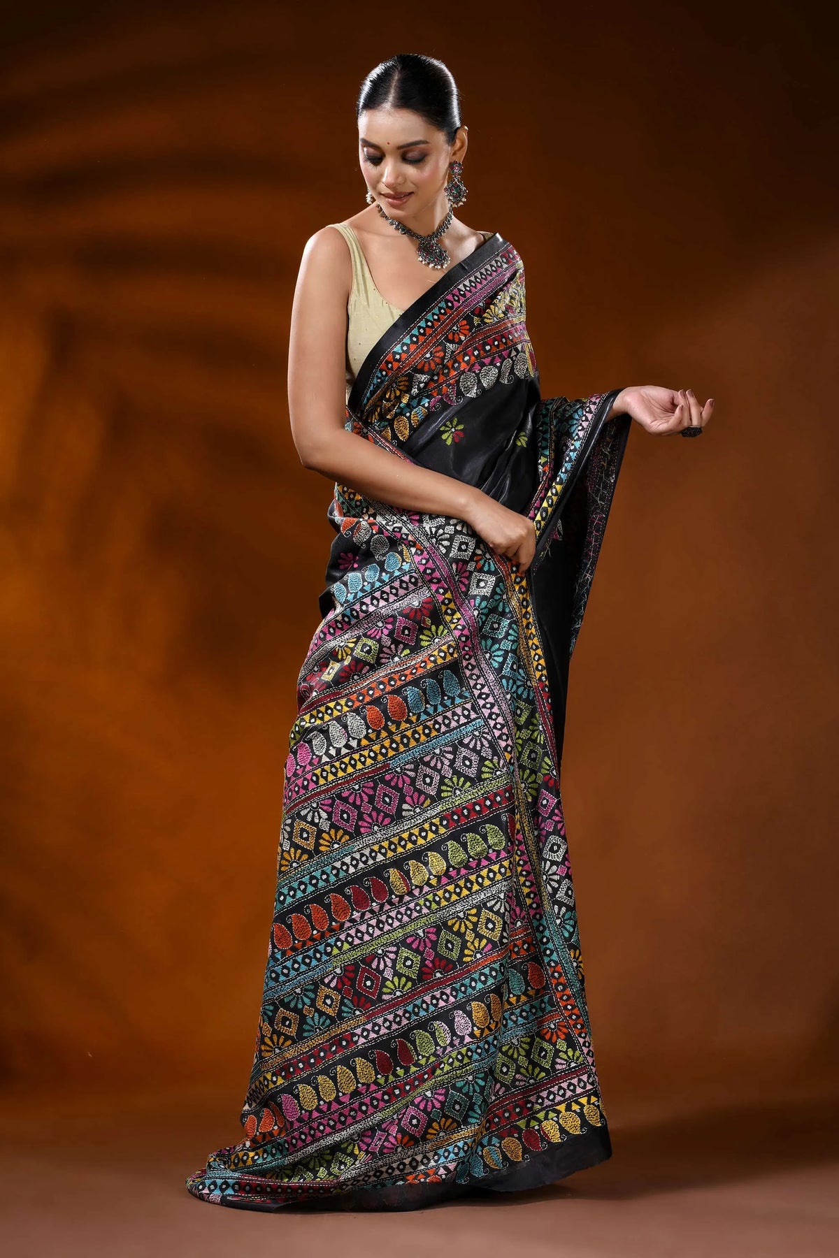 Pitch black silk kantha stitch saree with handmade geometric design 4