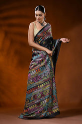 Pitch black silk kantha stitch saree with handmade geometric design 4