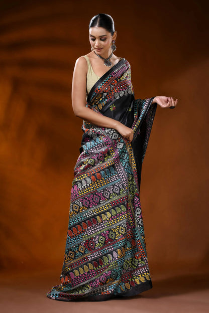 Pitch black silk kantha stitch saree with handmade geometric design 4