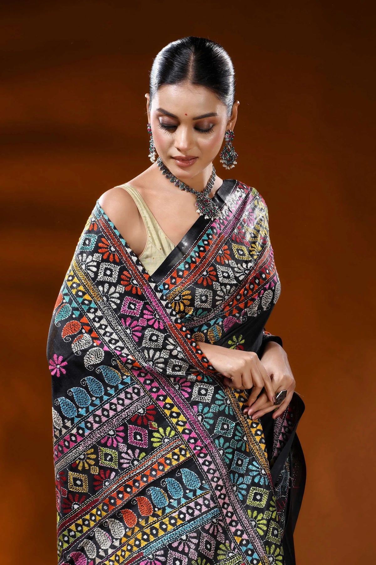 Pitch black silk kantha stitch saree with handmade geometric design 2
