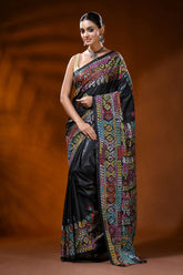 Pitch black silk kantha stitch saree with handmade geometric design 6