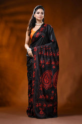 Pitch black silk kantha stitch saree with red paisley floral design 6