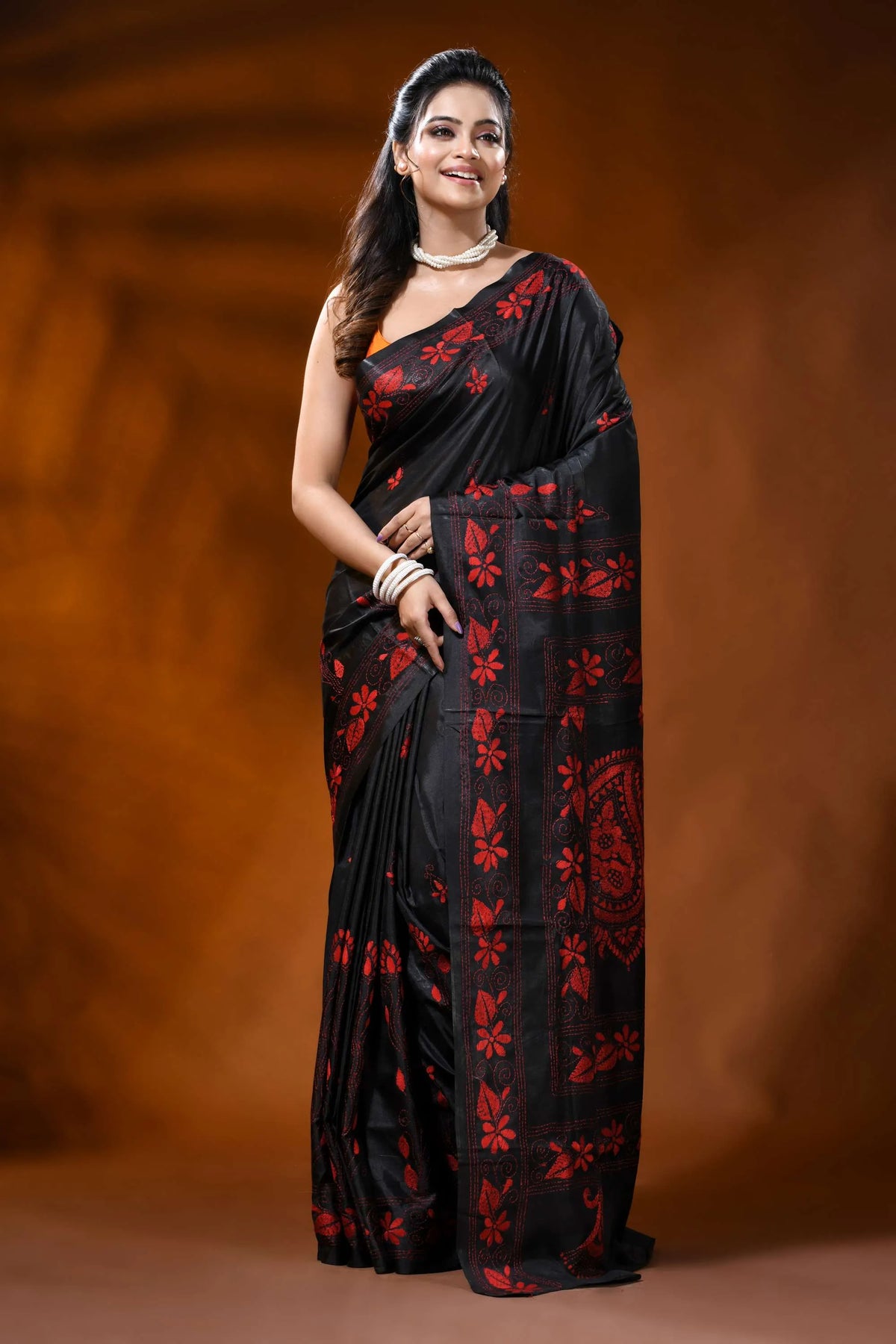 Pitch black silk kantha stitch saree with red paisley floral design 1