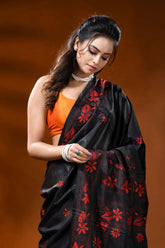 Pitch black silk kantha stitch saree with red paisley floral design 2