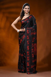 Pitch black silk kantha stitch saree with red paisley floral design 4