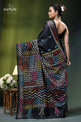 Pitch black silk saree with multicolor kutch embroidery - mirror work black silk saree vibrant multicolored 5