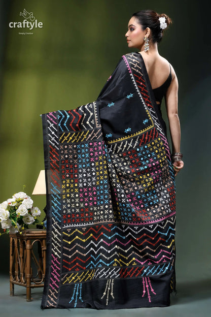 Pitch black silk saree with multicolor kutch embroidery - mirror work black silk saree vibrant multicolored 5