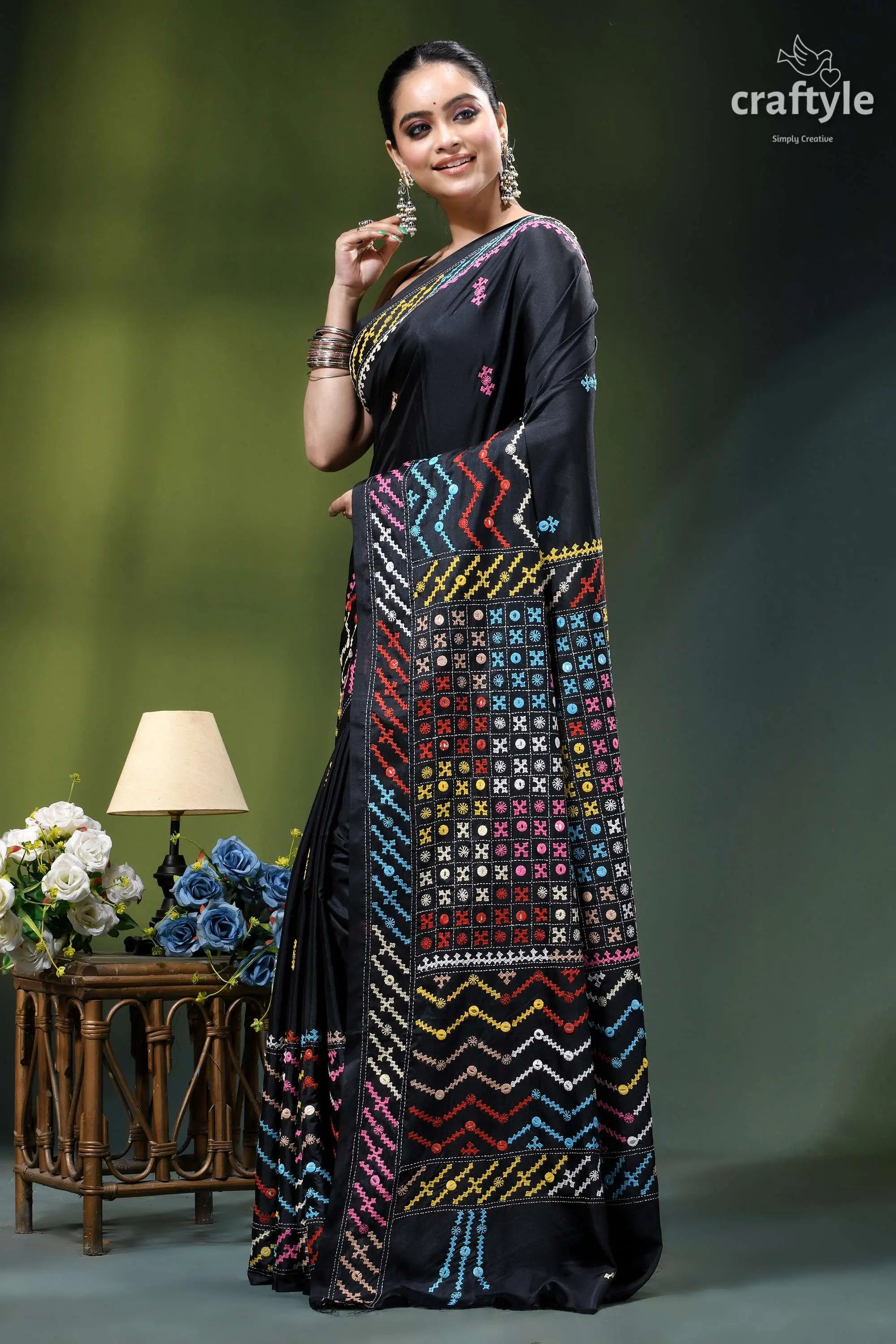 Pitch black silk saree with multicolor kutch embroidery - mirror work black sari vibrant multicolored geometric 3