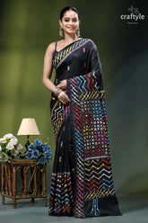 Pitch black silk saree with multicolor kutch embroidery - mirror work black sari vibrant multicolored geometric 1