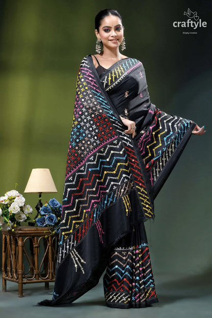 Pitch black silk saree with multicolor kutch embroidery - mirror work black silk saree vibrant multicolored 4