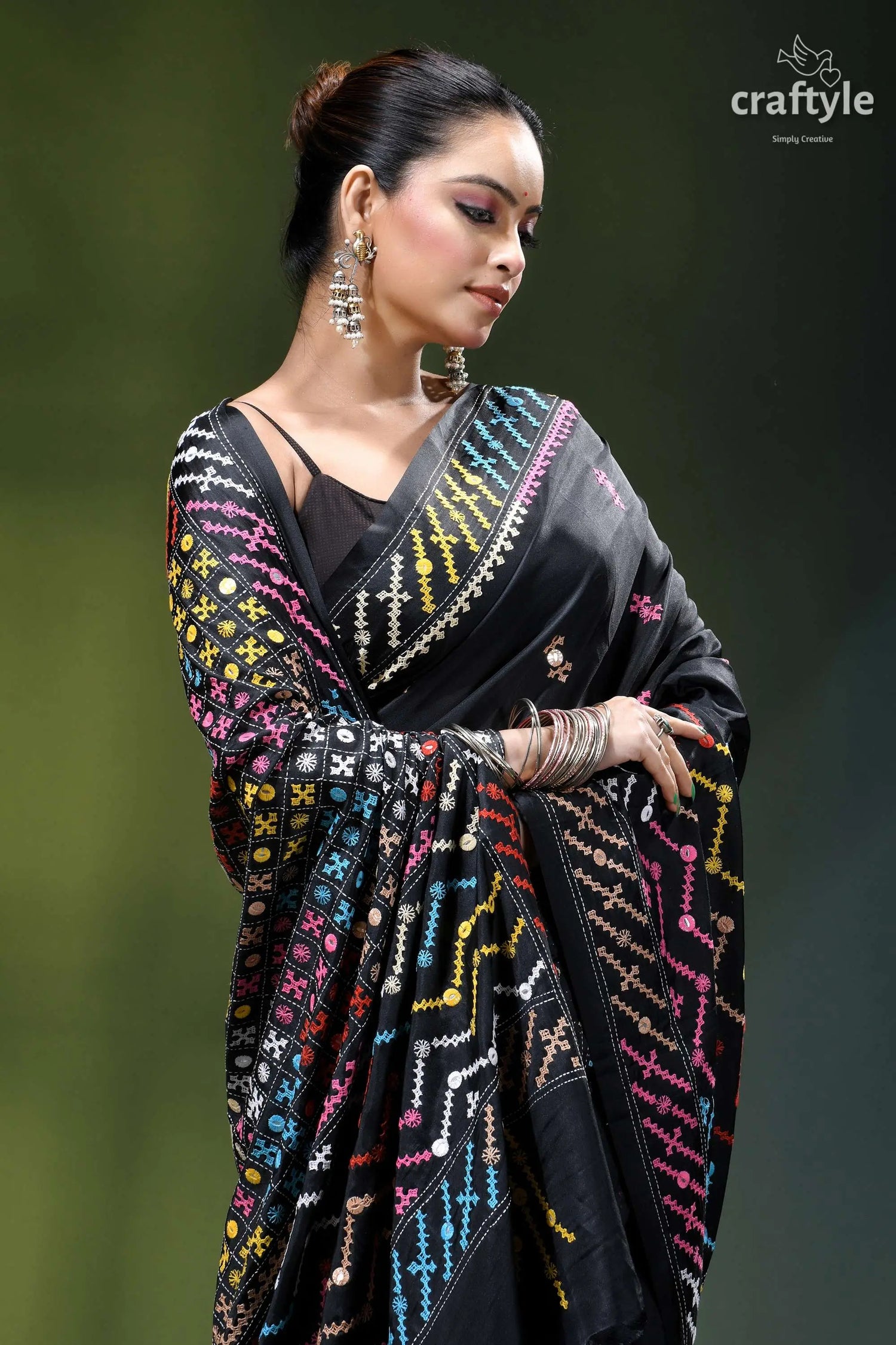 Pitch black silk saree with multicolor kutch embroidery - mirror work black saree vibrant multicolored geometric 2