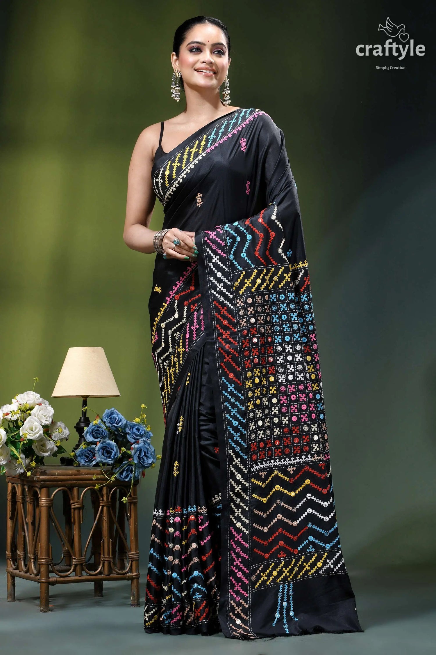 Pitch black silk saree with multicolor kutch embroidery - mirror work black silk saree vibrant multicolored 6