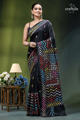 Pitch black silk saree with multicolor kutch embroidery - mirror work black silk saree vibrant multicolored 6