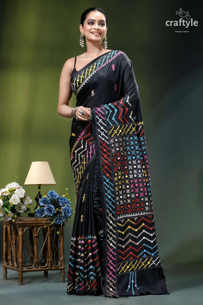 Pitch black silk saree with multicolor kutch embroidery - mirror work black silk saree vibrant multicolored 6