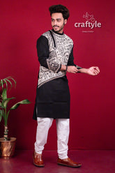 Pitch black & white kantha work cotton embroidered kurta for men men’s patterned 2