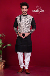Pitch black & white kantha work cotton embroidered kurta for men men’s cream patterned 5