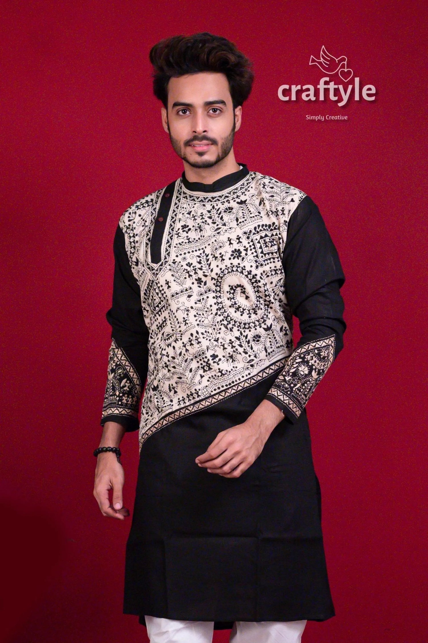 Pitch black &amp; white kantha work cotton embroidered kurta for men men’s intricate 4