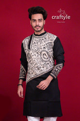 Pitch black & white kantha work cotton embroidered kurta for men men’s intricate 4
