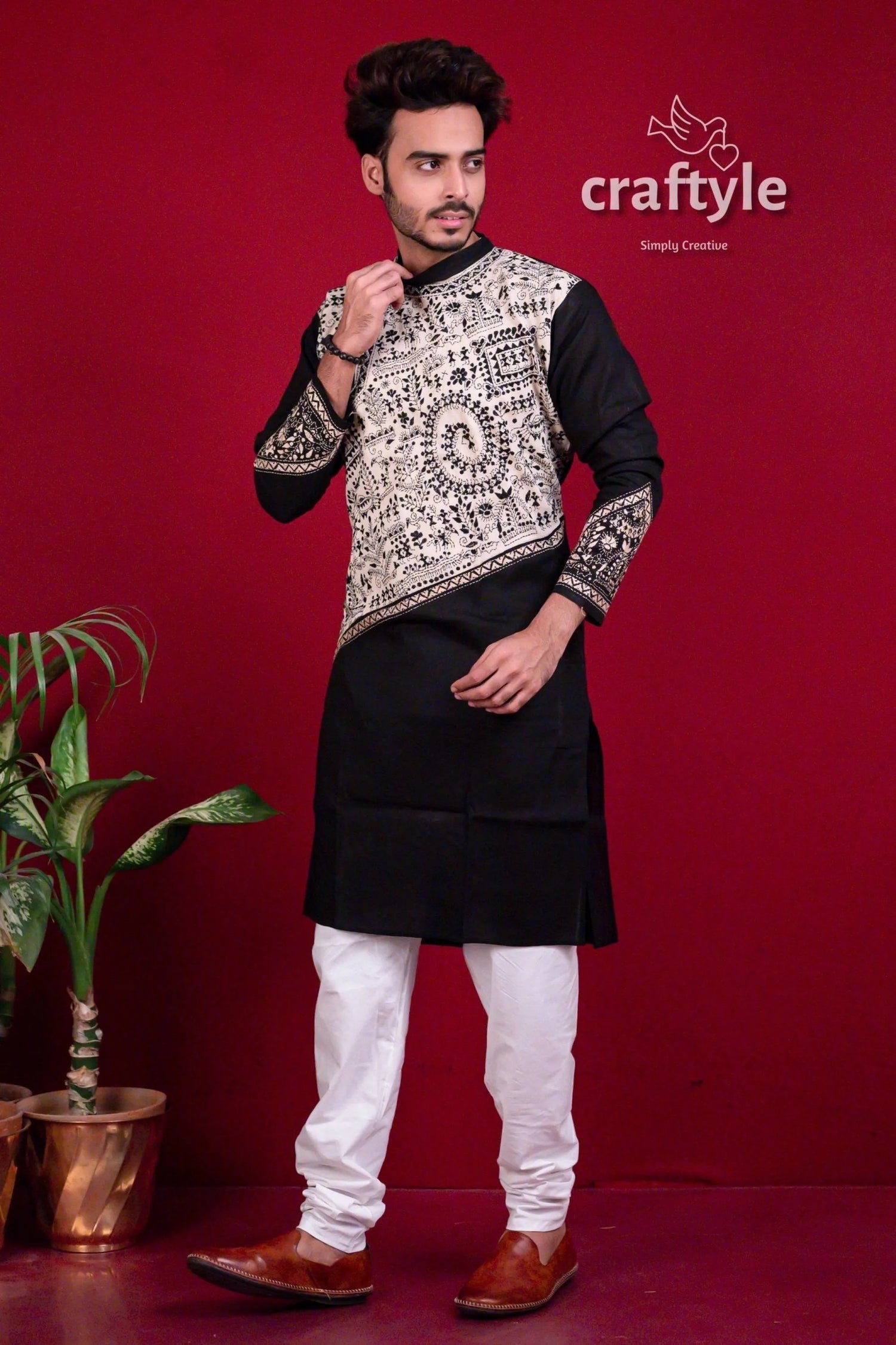 Pitch black &amp; white kantha work cotton embroidered kurta for men men’s off-white tribal-patterned 3
