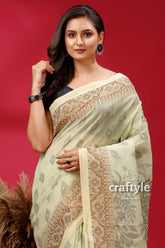 Pixie Green Floral Motif Intricate Cotton Jamdani Saree - Craftyle