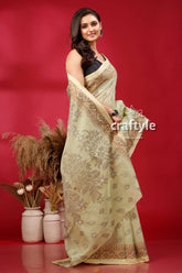Pixie Green Floral Motif Intricate Cotton Jamdani Saree - Craftyle