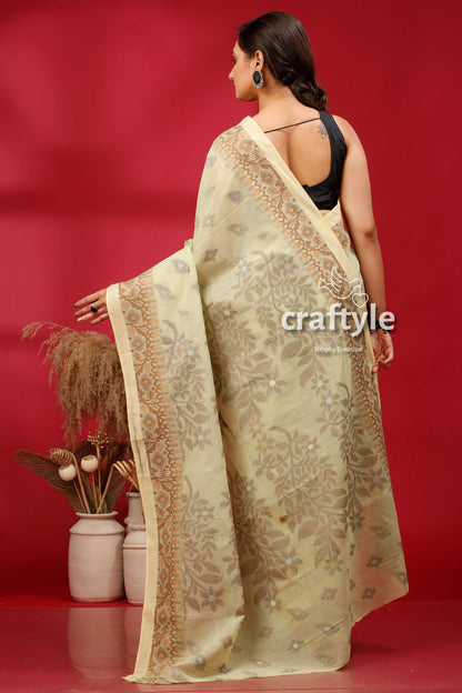 Pixie Green Floral Motif Intricate Cotton Jamdani Saree - Craftyle