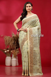 Pixie Green Floral Motif Intricate Cotton Jamdani Saree - Craftyle