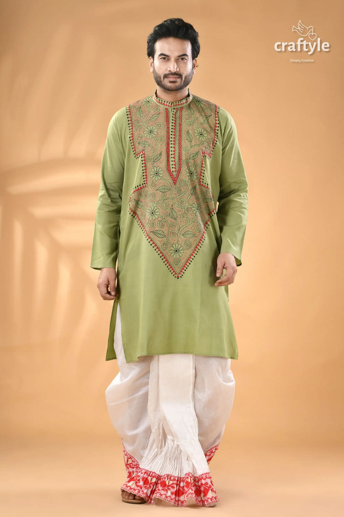 Pixie green hand kantha stitch cotton mens kurta men’s green kurta intricate embroidery 1
