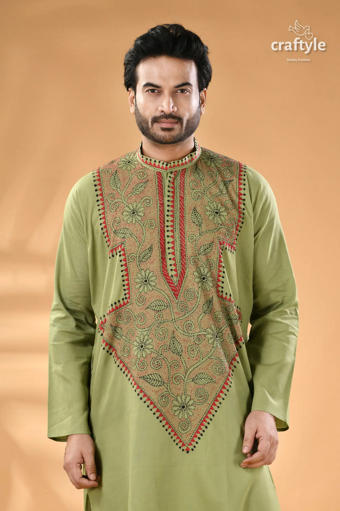 Pixie green hand kantha stitch cotton mens kurta men’s light olive green kurta 2