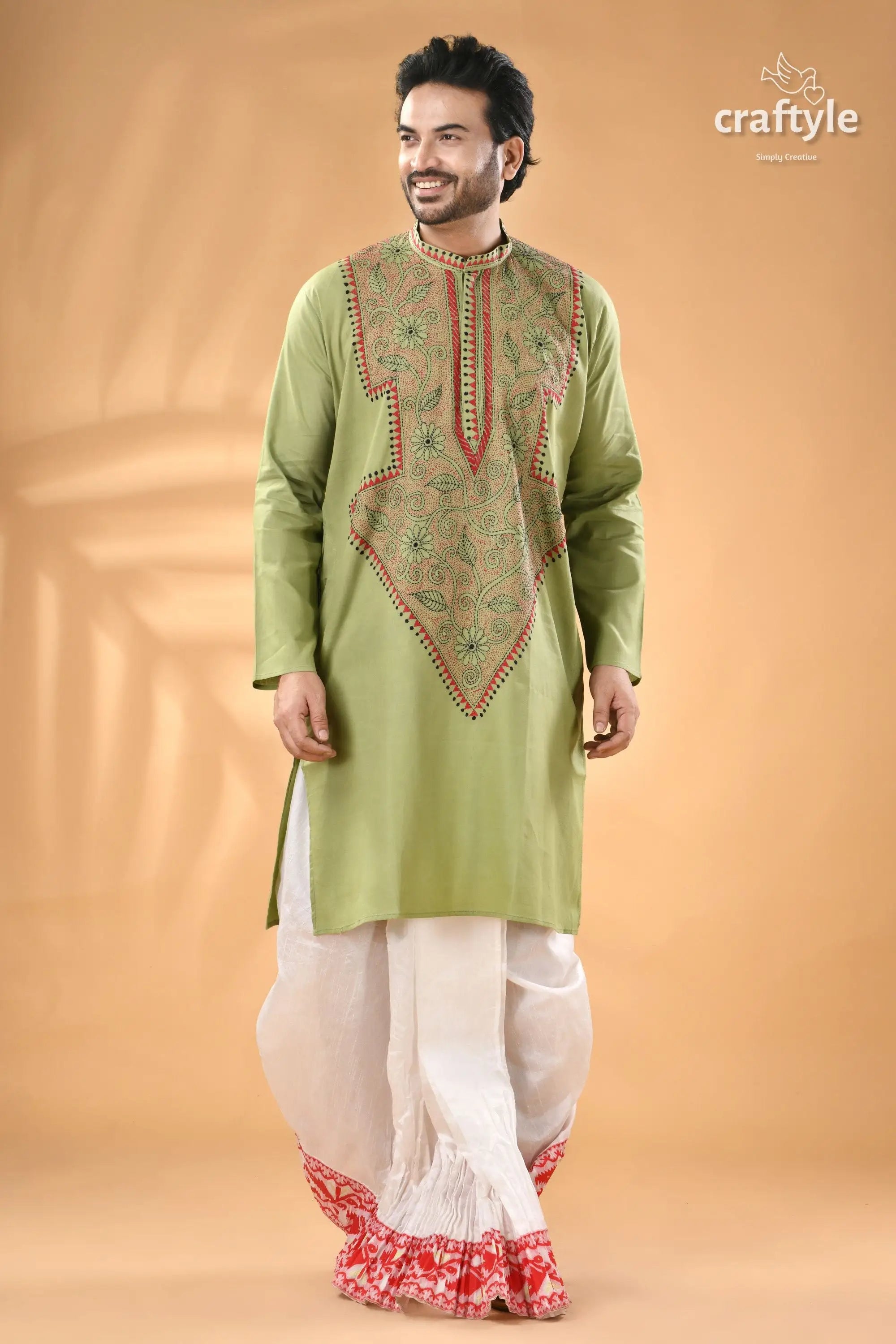 Pixie green hand kantha stitch cotton mens kurta man light green embroidered kurta 5