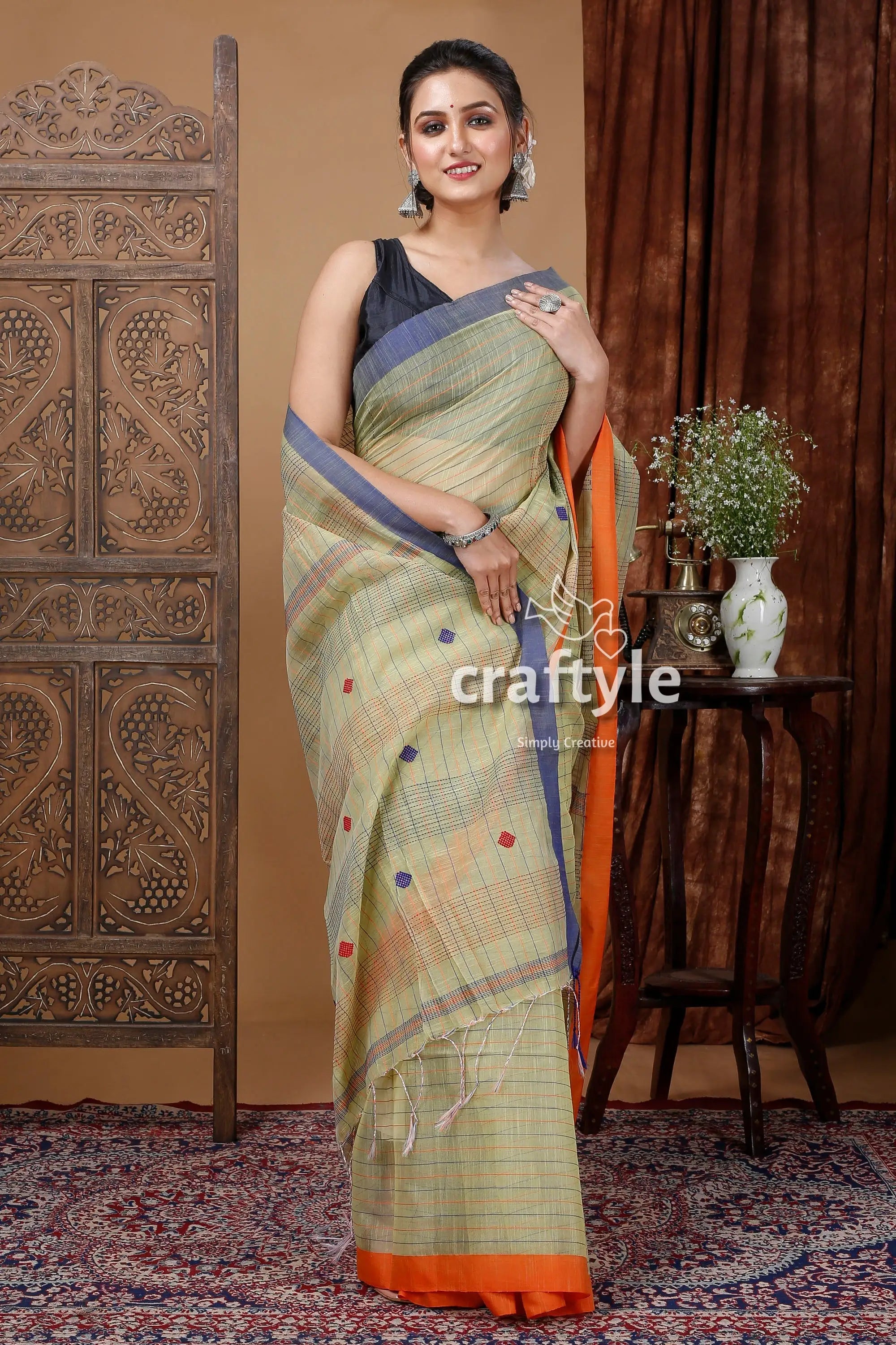 Pixie green handloom cotton saree with delicate stitching - perfect for work or special occasions woman patterned saree